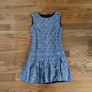 J. Crew Palm Tree Pleated Drop Waist Dress Womens 0 Navy Preppy Casual C0966